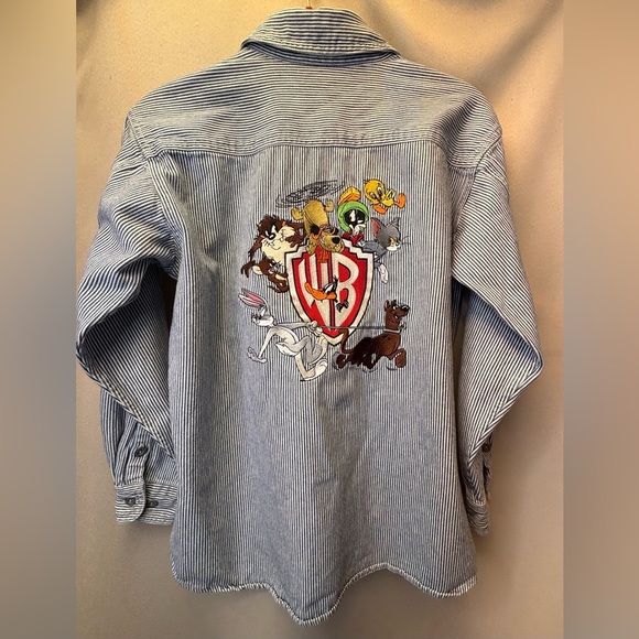 Warner Bros. Vintage Looney Tunes Striped Blue Button Down No Tags - Picture 1 of 8